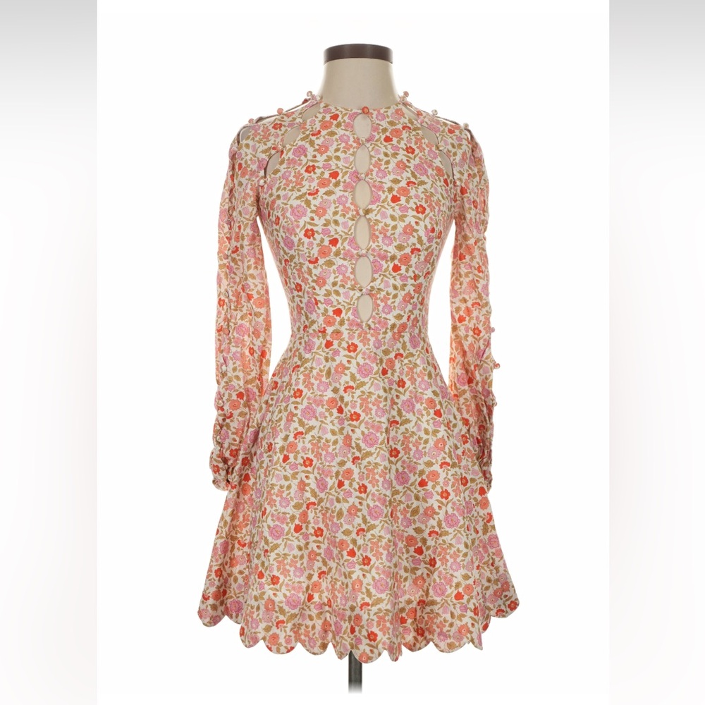Zimmerman Goldie Scallop Short Dress in Coral Blossom Floral Sz M (brand 2)